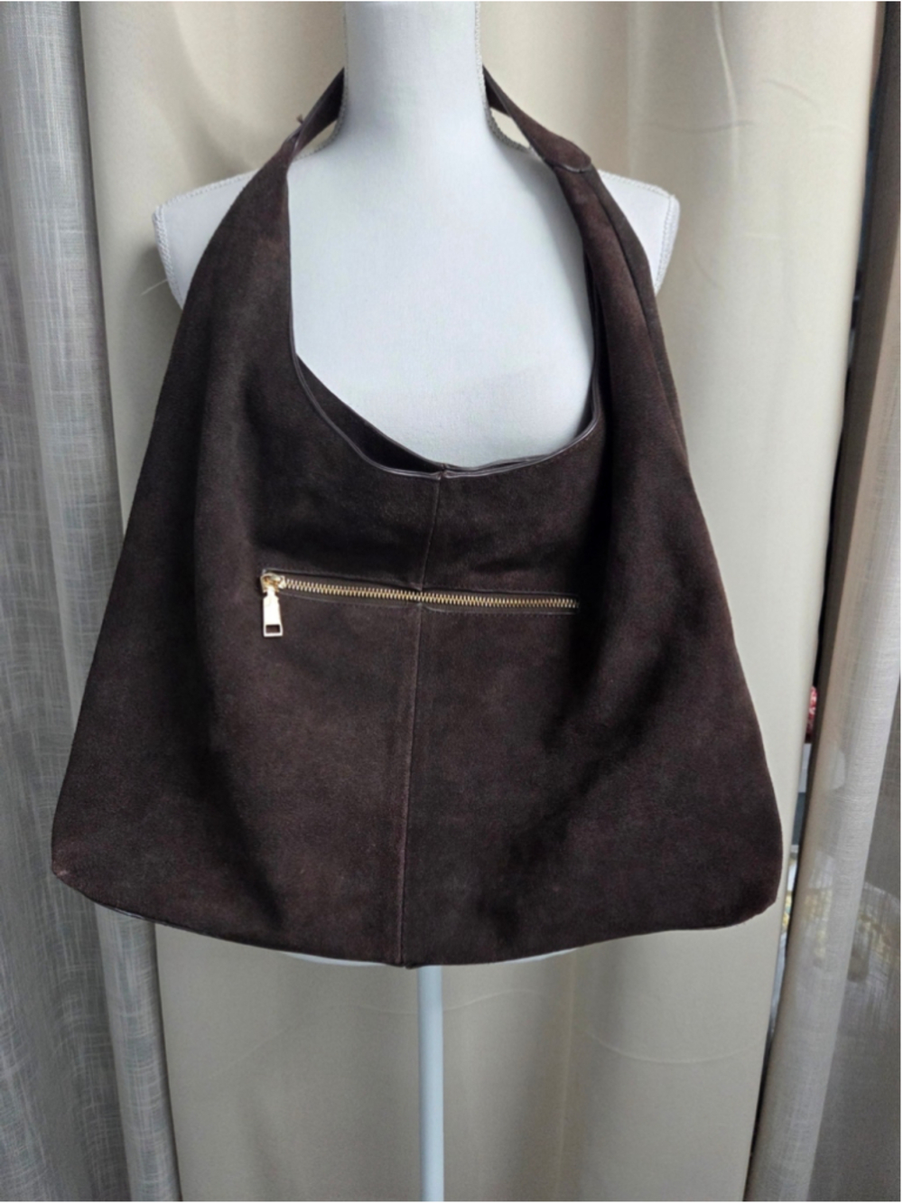 Moda Luxe Dark Brown Leather Hobo Bag Gold Zipper Raver Festival